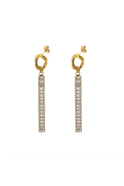 Main Material: 18k Yellow Gold Plated Stainless Steel, Water and Tarnish Resistant, 2 1/2" length, Simulated Baguette Diamonds