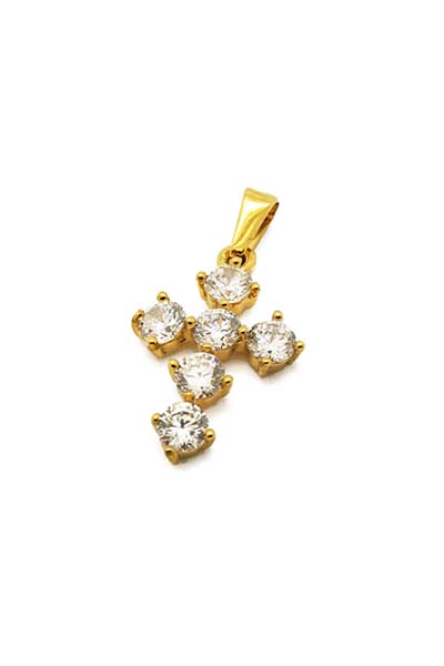 Simulated Diamonds, 4.5mm each stone, total ctw = 2.25 cross measures 1 1/3"" x 3/4", 18" Stainless Steel Gold Plated Chain, Water and Tarnish Resistant, on rolo chain